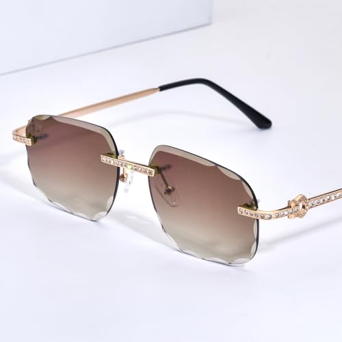 Image of HEPIDEM Rimless Rectangle Zircon Diamonds UV400 Square Sunglasses for Men with Nylon Lens