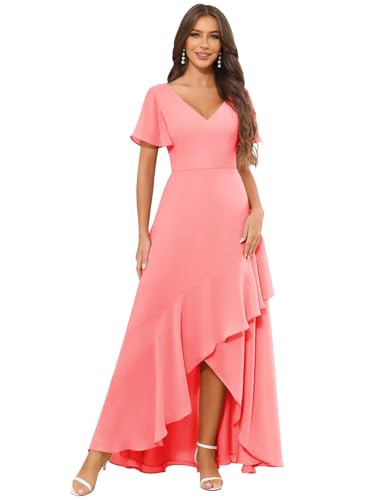 Chiffon Bridesmaid Dress Double V Neck Hi-Lo Ruffle Hem Bridesmaid Dresses Coral Slit A Line Prom Evening Party Gowns Size 16