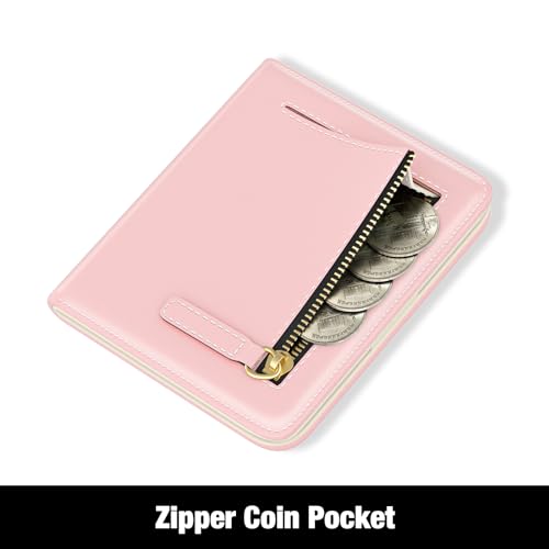 Image of Rouidr Womens Wallet, RFID Small Slim Wallet for Women, Cute Bifold Leather Pocket Credit Card Holder Ladies Mini Purse with Zipper Coin Pocket & ID Window, Pink