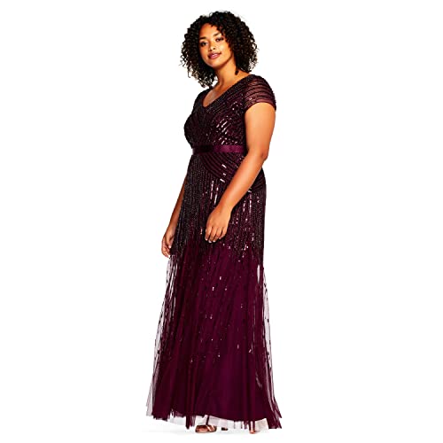 Image of Adrianna Papell Womens Plus Size Floor Length Beaded Cap Sleeve V-Neck Dress