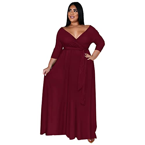 Image of Nmoder Plus Size Maxi Dress for Women - Summer Casual 3 /4 Sleeve Floral Flowy Long Dress with Belt XL- 6XL