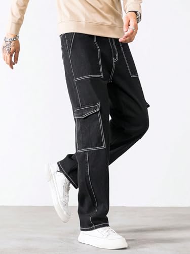 Image of AVANOVA Bell-Bottom Men Cargo Jeans II Men Cargo Pants II Denim Cargo for Men II Cotton Pant II Wide Legs II Flap Pockets II Cargo for Men (Jeans-119)