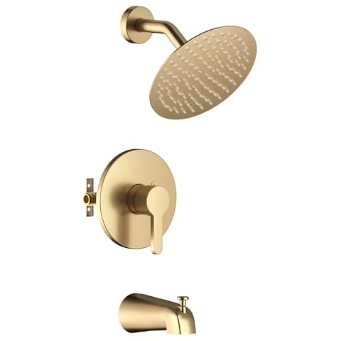 Lavatrum Premium Tub Shower Faucet Set With Valve High-Pressure Balancing Wall-mount 8 Inch Square Gold Shower Head And Tub Spout For Barthroom (1.8GPM) Cover