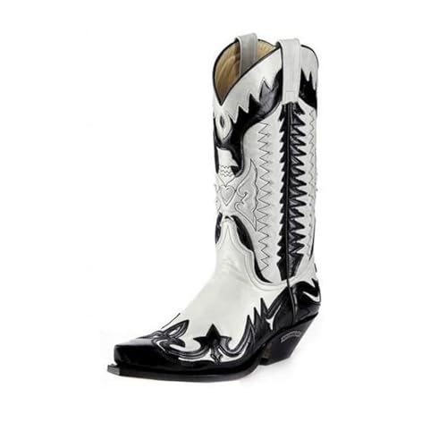 DHAEY Men Western Boots Fashionable PU Leather Low Heel Pointed Toe Comfortable Knight Boots Retro Classic Unisex Cowboy Boots for Spring Fall (Color : Black and White, Size : 8 Women/6.5 Men)4