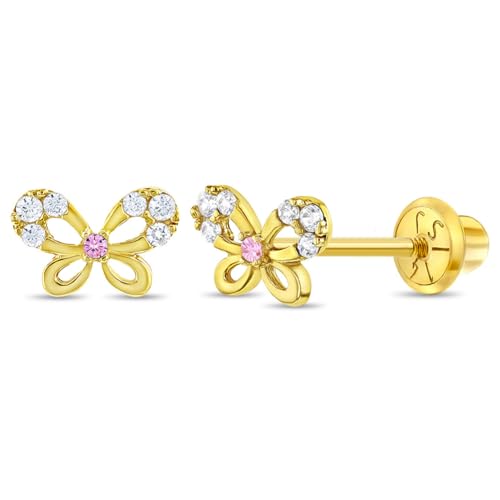 14k Yellow Gold Young Girls Dainty Cubic Zirconia Butterfly Screw Back Earrings - Beautiful Stud Earrings for Toddlers and Young Girls with Safety Screw Backs - Small Kids Butterfly Earrings