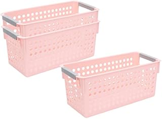 AYVANBER Small Plastic Storage Basket Portable Organizer Box Refrigerator Storage Bins Desktop Storage with Handles for Cupboards Kitchen Bathroom Livingroom Office Cabinet Set of 3 (Pink, Small)