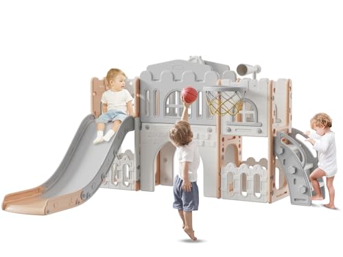 Baotree 9 in 1 Toddler Slide,Kids Slide Playset for Toddler,Indoor Outdoor Slide Toddler Playset with Ball & Hoop, Storage Space and Non-Slip Steps,Toddler for Boys and Girls 1-3 Years (Pink Grey)