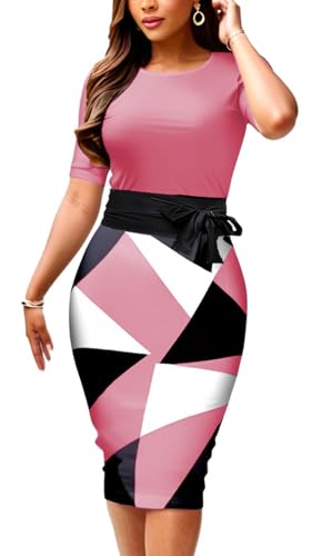Image of CaniBtr Bodycon Dresses for Women Printed Midi Pencil Work Dress with Belt | Geometric print work dresses for women with belt,lightweight stretch soft fabric,slim midi pencil fit for office,business