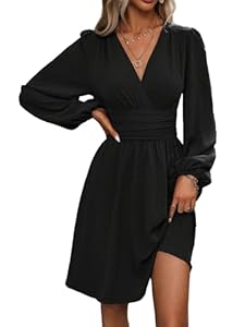 LIAMERHE Mini Robe Femme Manches Longues Col V Chic et Elegant Robes Manches Lanternes Automne et Hiver A-Line Casual Robe Casual pour Fête Noël Mariage Noir L
