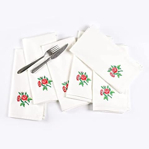 FINGERCRAFT Luxurious Cloth Napkins | Embroidered | Set of 6, 400 TC Cotton Satin| Dinner Napkins | Perfect for Parties |Dinners | Weddings | Cocktail | Christmas | Napkins Cloth 20x20 (Rosolia) Cover