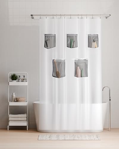 Rubbermaid Frosty Waterproof Shower Curtain Liner with 5 Storage Pockets Heavyweight 8g PEVA Shower Liner for Bathroom with Black Rustproof Grommets and Pockets 70x72 Standard Size Frosty