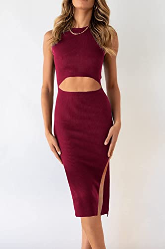 Image of PRETTYGARDEN Women's Summer Midi Bodycon Dresses Casual Crew Neck Side Slit Sleeveless Knit Cut Out Tank Top Dress