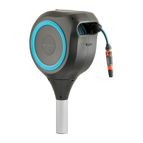 GARDENA 18614 | 66' x 1/2' Automatic Retractable Garden Hose Reel on Metal Spike, Outside Garden Hose with 360° swivel. No Holes in your house, Easy Installation, No Tools Required