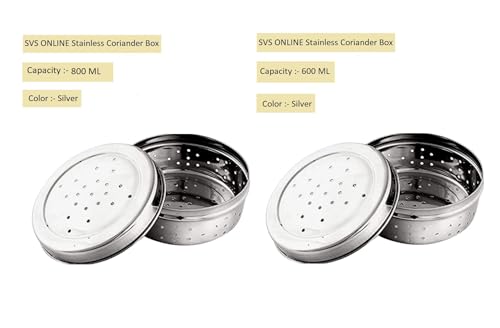 Image of Stainless Steel Green Coriander Storage Box Curry Leaves Box Set, Sprouts with air Ventilation Food containers Silver Dabba Flat Box Steel Dabba (Dhaniya 600 & 800 ML)