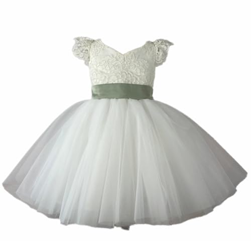 Custom Flower Girl Dress Tulle Floral Pattern Appliques Top with Green Bow Belt Cap Sleeve for Wedding Party Birthday Banquet Holy Communion Gowns