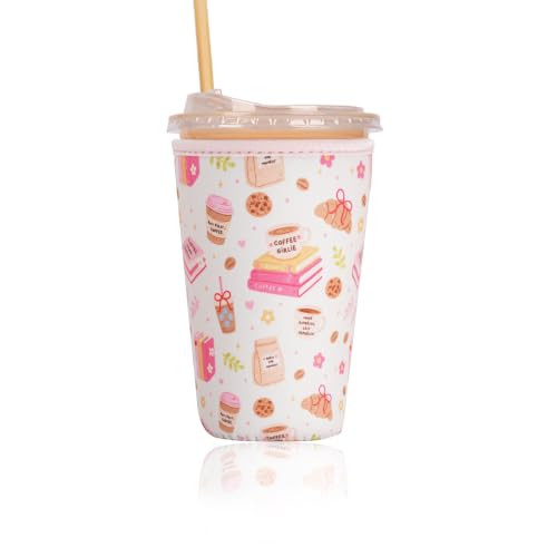 Image of Reusable Insulated Sleeve for Iced Coffee Cup, Coffee Neoprene Sleeve for Cold & Hot Drinks, Beverage Holder for Iced Coffee (Party Treats, Medium: 22-24oz)