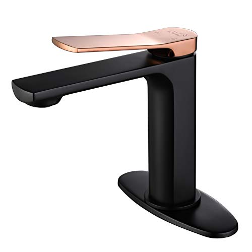 One Hole Single Handle Bathroom Faucet Black Gold Bath Faucet Modern Vanity Faucets 4 inch Commercial Lavatory Faucet for Bathroom Deck Mounted with Plate Solid Brass Lead-Free