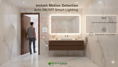 Image of Quick Sense QS-14 PIR Motion Sensor Switch | 160 Wall Switch with Manual ON /Off /PIR Modes | 9m Range, 800W | 10s-7min Delay, 10-2000 LUX | IP44 for Home, Office, Bathroom | AC 220-240V