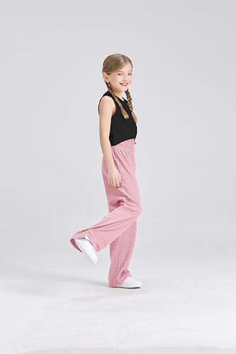 Image of Kids Clothes Girls Summer 2024 Cute Outfits 2 Piece Tie Knot Crop Tops Wide Leg Long Pants Set Suit Pink Black, 5-6 Y, Black&pink