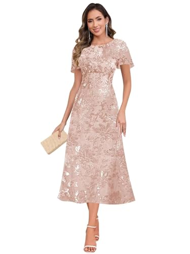 Tea Length Mother of The Bride Dresses for Women Short Sleeve Sequin Wedding Guest Dress Formal Evening Gowns4