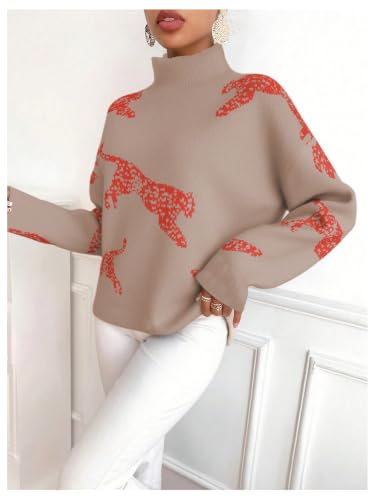 Image of WDIRARA Women's Leopard Tiger Print Sweater High Neck Long Sleeve Fuzzy Knitted Pullover Top