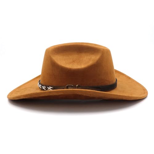 Image of Western Suede Cowboy Hat for Women Men Wide Brim Classic Cowboy Cowgirl Hat with Buckle Belt Felt Fedora Hat