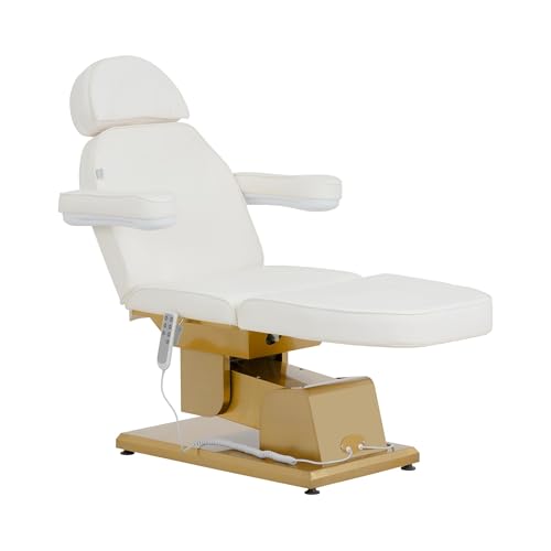 Physa Table de Massage électrique - 200 kg - Blanc/doré - chauffante - 3 Moteurs Tabouret à Roulette avec Dossier Fauteuil de Tatouage