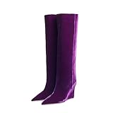Vertundy Women's Fuax Suede Knee High Boots Pointed Toe Wedge Heel Boot Slip-on Wide Calf Winter Sexy Boots in Purple Size 7