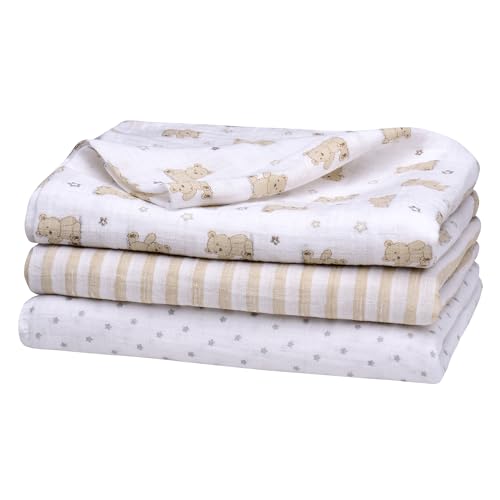 Image of 3 Pack Cotton Muslin Swaddle Blankets for Baby, 40 inch x 36 inch, Lightweight, Breathable, Tan, (Little Me Bingle Bear)