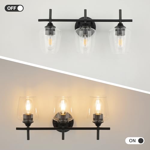 Image of foucasal Bathroom Vanity Light Fixtures, 3-Lights Modern Black Vanity Lighting with Clear Wine Glass Shade, Bathroom Lights Over Mirror, Wall Lamp for Bedroom, Hallway, Living Room, Restroom