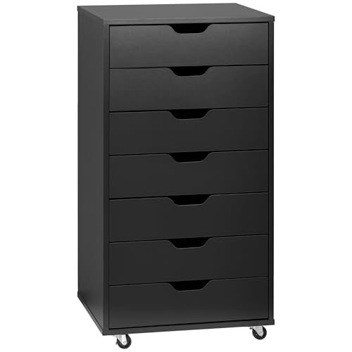 Vinsetto Caisson Bureau Mobile avec 7 tiroirs, Meuble Rangement Bureau sur roulettes pour Documents et imprimante, Caisson de Rangement pour Travail ou Chambre, 47,5 x...