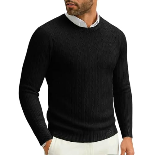 GETRICHH Men's Sweater Men's Winter Round Neck Pullover Slim Fit Long Sleeve Thick Warm Sweater-Black-M