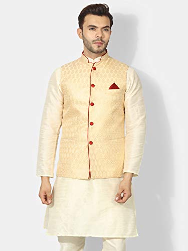 Image of Uri and MacKenzie Silk Men's Cream Kurta Matching Pyjama Chudidar With Golden Ethnic Nehru Jacket (42)