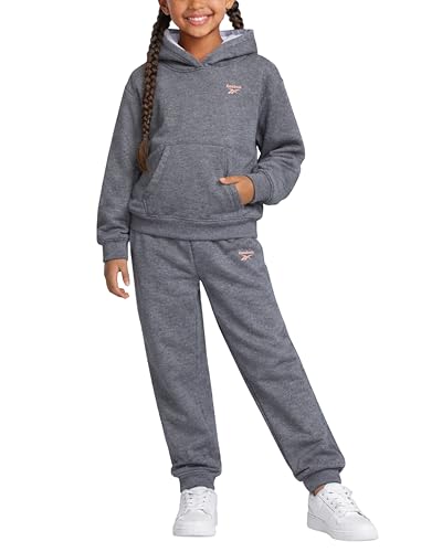 Reebok Girls Sweatsuit Set - 2 Piece Soft Long Sleeve Hoodie Sweatshirt and Sweatpants for Girls - Athletic Sweatsuit, Size 10, Dark Grey Heather 2