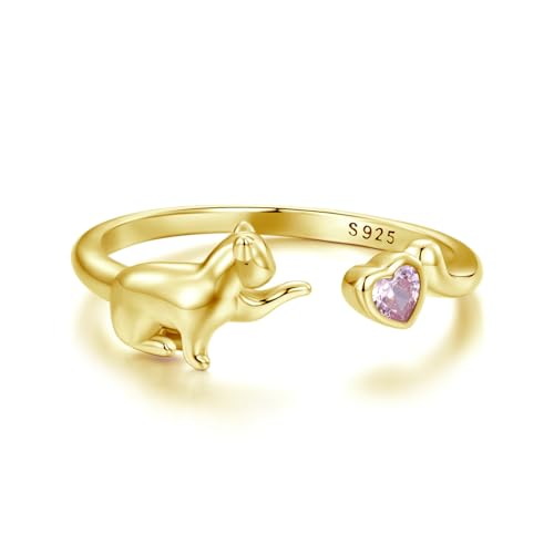 Anillo de gato chapado en oro de 18 quilates de plata de ley 925 para mujer, anillo de animales abierto ajustable con cristal de corazón, regalo de cumpleaños para amigos