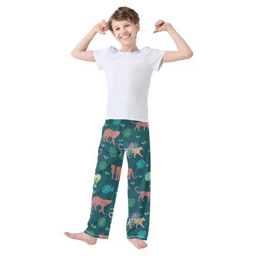 Leopard with Florals Boys Long Pants Soft Trousers Elastic Waist Kids Lounge Bottoms with Pockets S-XL2