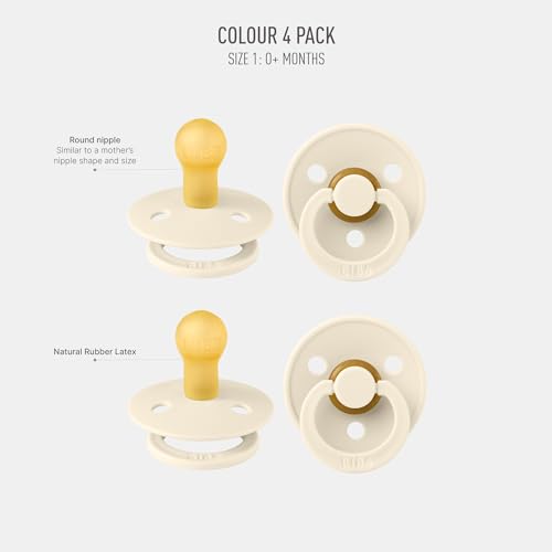 Image of BIBS Color Pacifiers 4-Pack | BPA Free Soother Pacifier | Round Nipple | Natural Rubber Latex | Made in Europe | Size 0-6 Months | Ivory