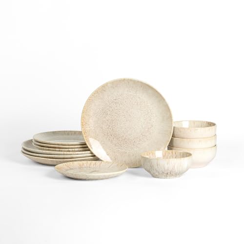 Image of Stone Lain Riley 12-Piece Dinnerware Set Stoneware, Plates and Bowls Set, Dishwasher and Microwave Safe, Dish Set for 4, Sand