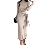 [Kopi] タイトワンピース 長袖 ニット レディース 膝丈 バイカラー ロング リブニット セクシー ハイネック きれいめ ボディコン ミモレ 上品 ベルト ワンピ エレガント 秋冬 無地 肌色 ベージュ F