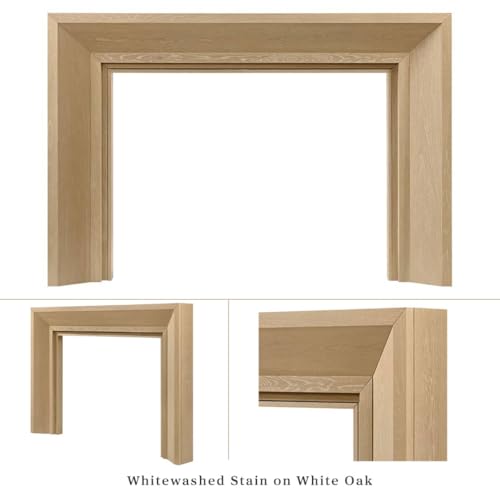 Image of Modern Ember Everly Wood Fireplace Mantel Surround Kit in Whitewash | 56 inch x 42 inch Opening | 80 inch x 54 inch Overall | Modern Picture Frame Design | Includes White Oak Wooden Mantel Surround & Shelf