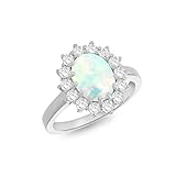 Tuscany Silver Women's Sterling Silver Rhodium Plated Oval Synthetic Opal and White CZ 12mm x 14mm Flower Cluster Ring #58