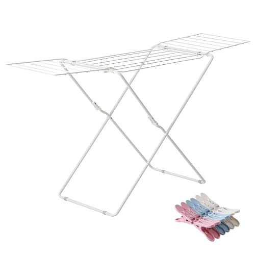 LYHOE Tendedero Plegable con Alas de Acero, 20m de Espacio de Tendido, Antideslizante y Resistente al Sol, para Interior y Exterior, con Sistema de Bloqueo y 10 Pinzas Incluidas