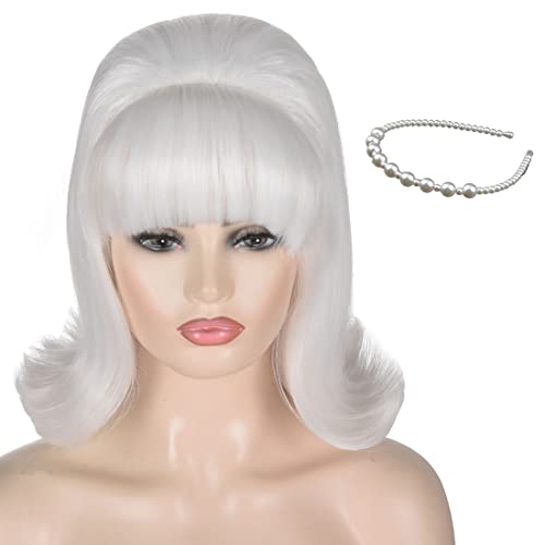 ATAYOU Vintage White Bouffant Beehive Wig with Pearl Headband, 60s Retro Halloween Cosplay Wig with Bang, White 719, 12''