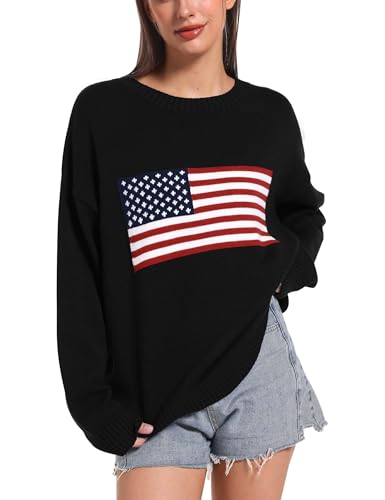 Ugerlov Women's Oversized American Flag Sweater Long Sleeve Crewneck Knit USA Sweaters 2024 Fall Chunky Warm Pullover Tops Black S/M