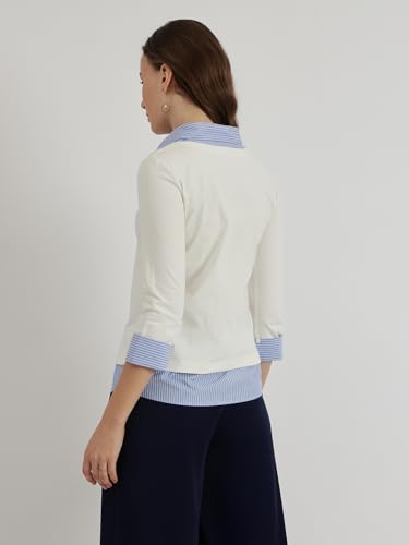 Image of FableStreet Women Shirt | Slim Fit V-Neck Layered Look with Striped Spread Collar & Three-Quarter Sleeves | Cotton Knit Jersey Fabric for Business Casual