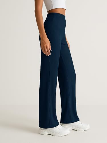 Image of Pinkmint Women High Waist Ribbed Wide Leg Trousers | Stretchable Palazzo Pants | Gym Yoga Workout Sports Activewear | Casual Lounge Travel Office Elastic Waist Flared Pants