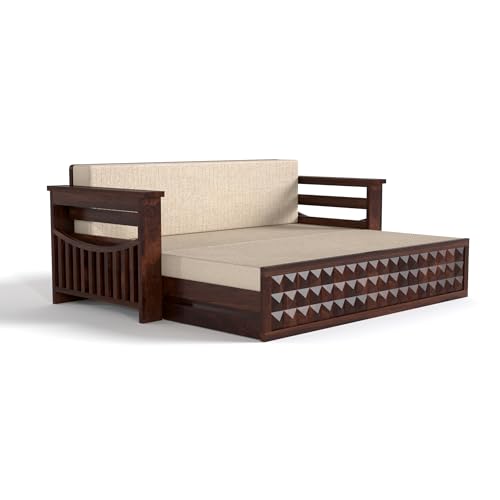 Image of Mamta Furniture Solid Sheesham Wood Sofa Set 3 Seater Furniture Wooden 3 Seater Sofa Cums Bed for Home Living Room with Cushions (Walnut with Cream, 3 Seater Design 2)