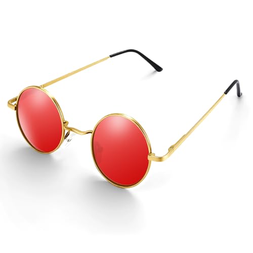 Morcheiong Polarized Hippie Sunglasses Retro Round Glasses for Women Men Vintage Circle Sunglasses UV400 (Gold Frame Red Film)