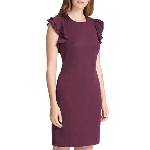 Image of Tommy Hilfiger Women's Sleeveless Ruffle Hem Jewel Neck Crepe Sheath Mini Dress