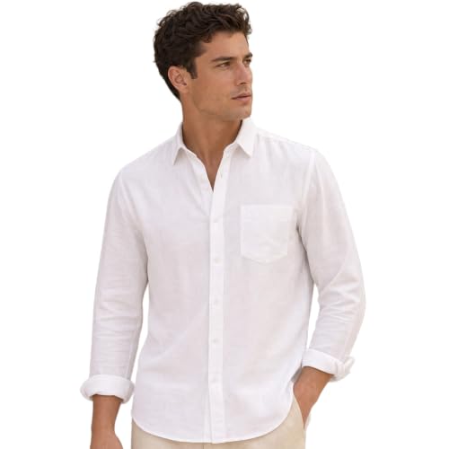 Image of Nobero Breezy Premium Linen Cotton Shirt for Men | Stylish Casual Shirts for Men | Semi Cut Collar | Box Pleat | Curved Hem | Regular Fit | Full Sleeve | S-XXXL